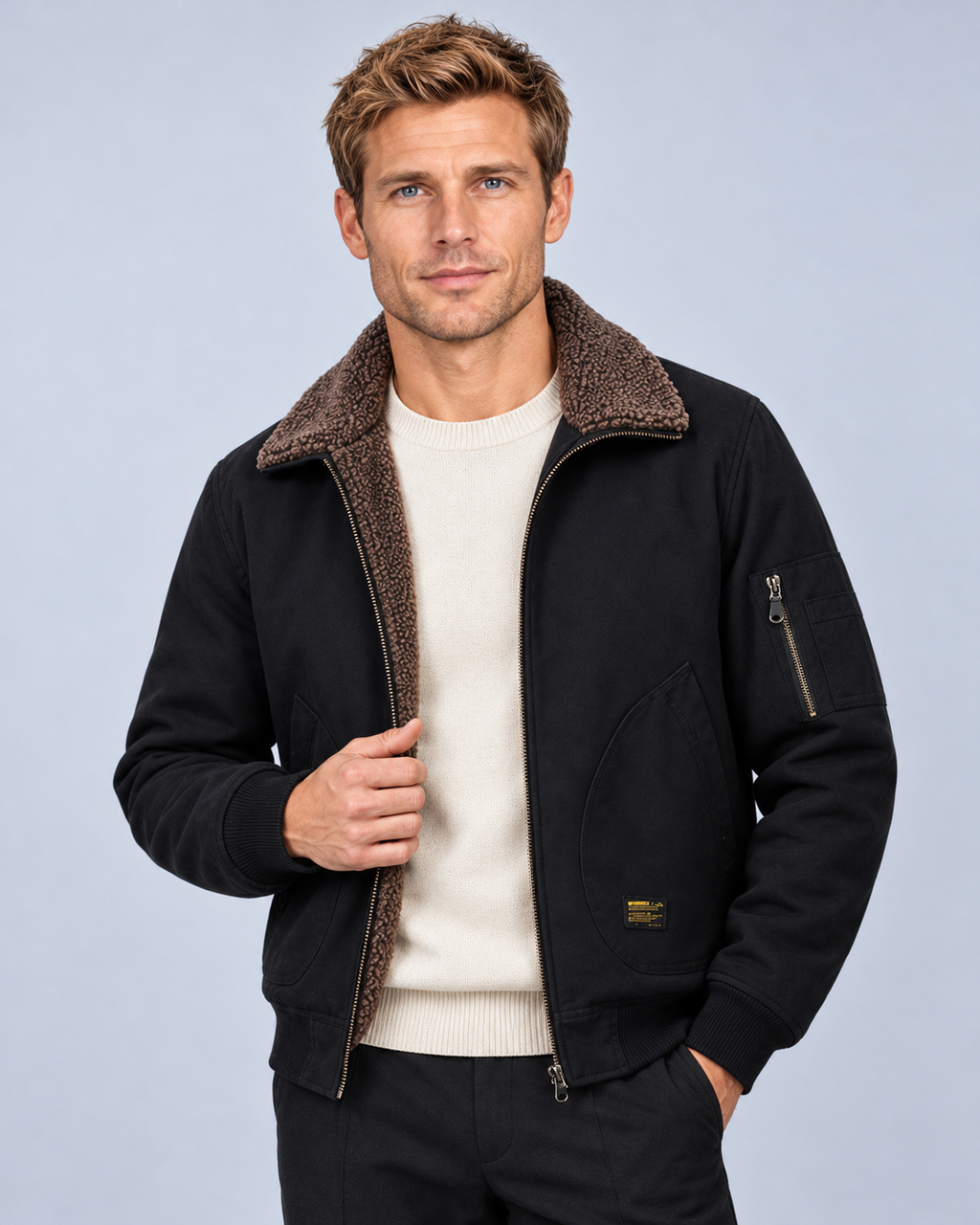Ellis & Rowe sherpa-lined jacket, Black, open-front studio photograph