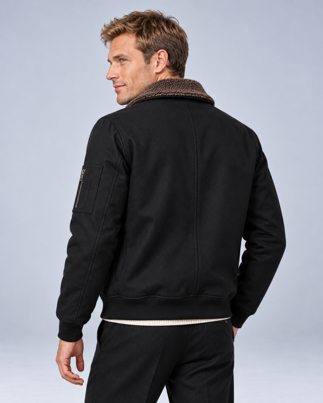 Ellis & Rowe sherpa-lined jacket, Black, back studio photograph