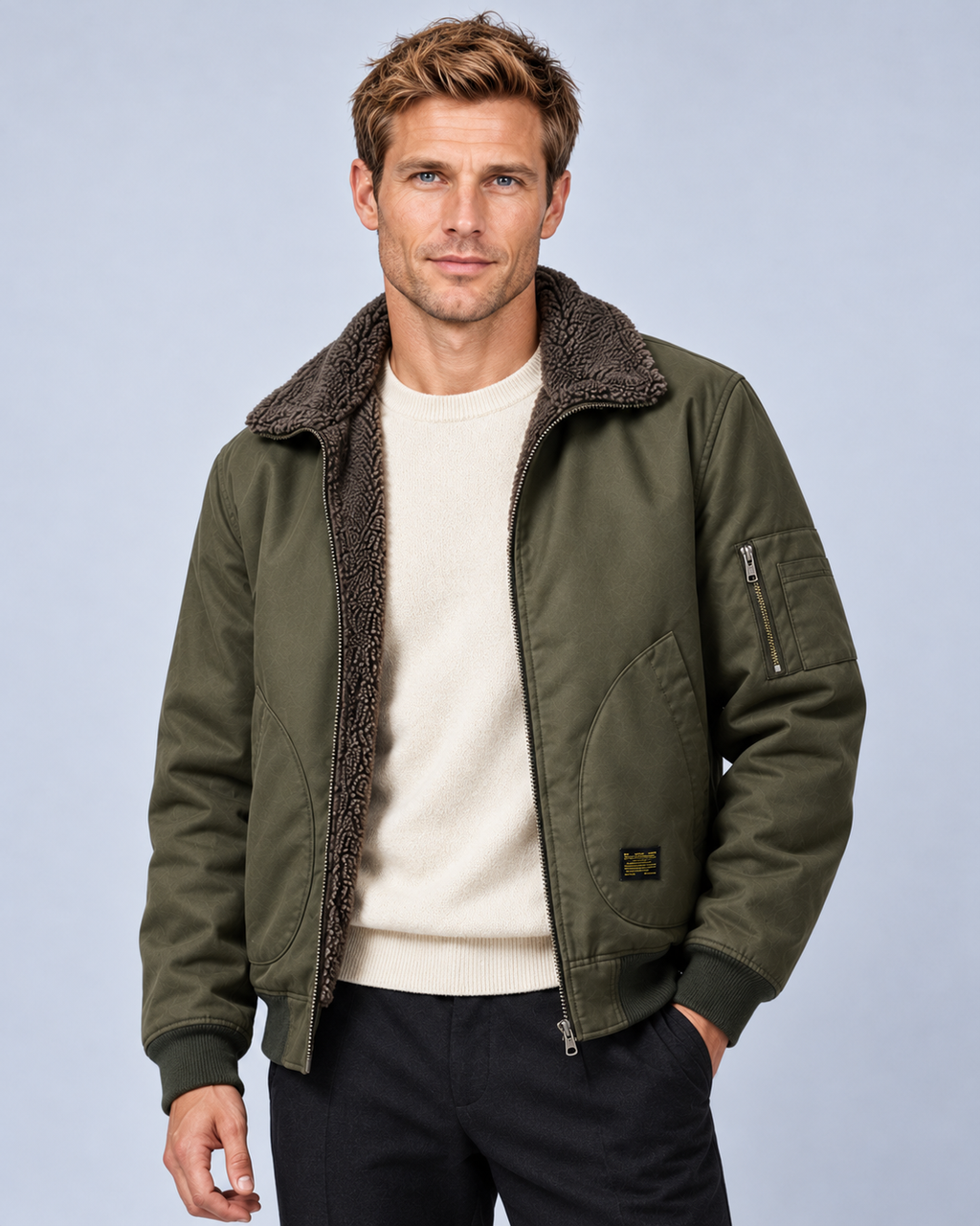 Ellis & Rowe sherpa-lined jacket, Army Green, open-front studio photograph