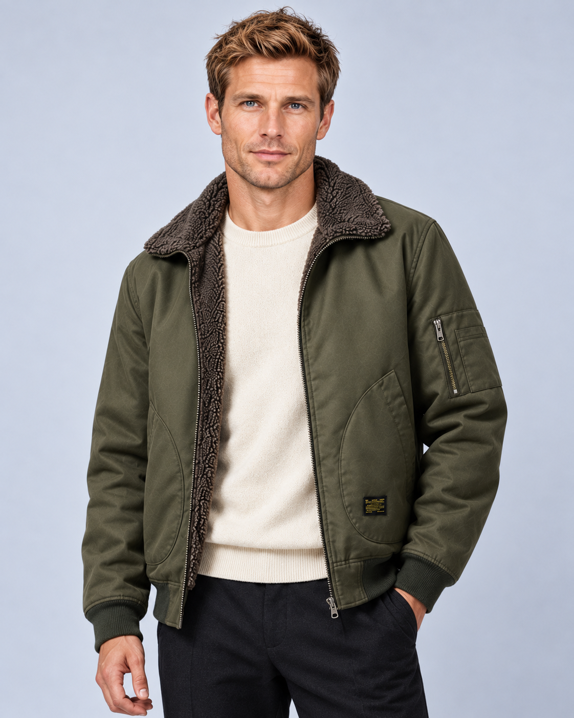 Ellis & Rowe sherpa-lined jacket, Army Green, open-front studio photograph