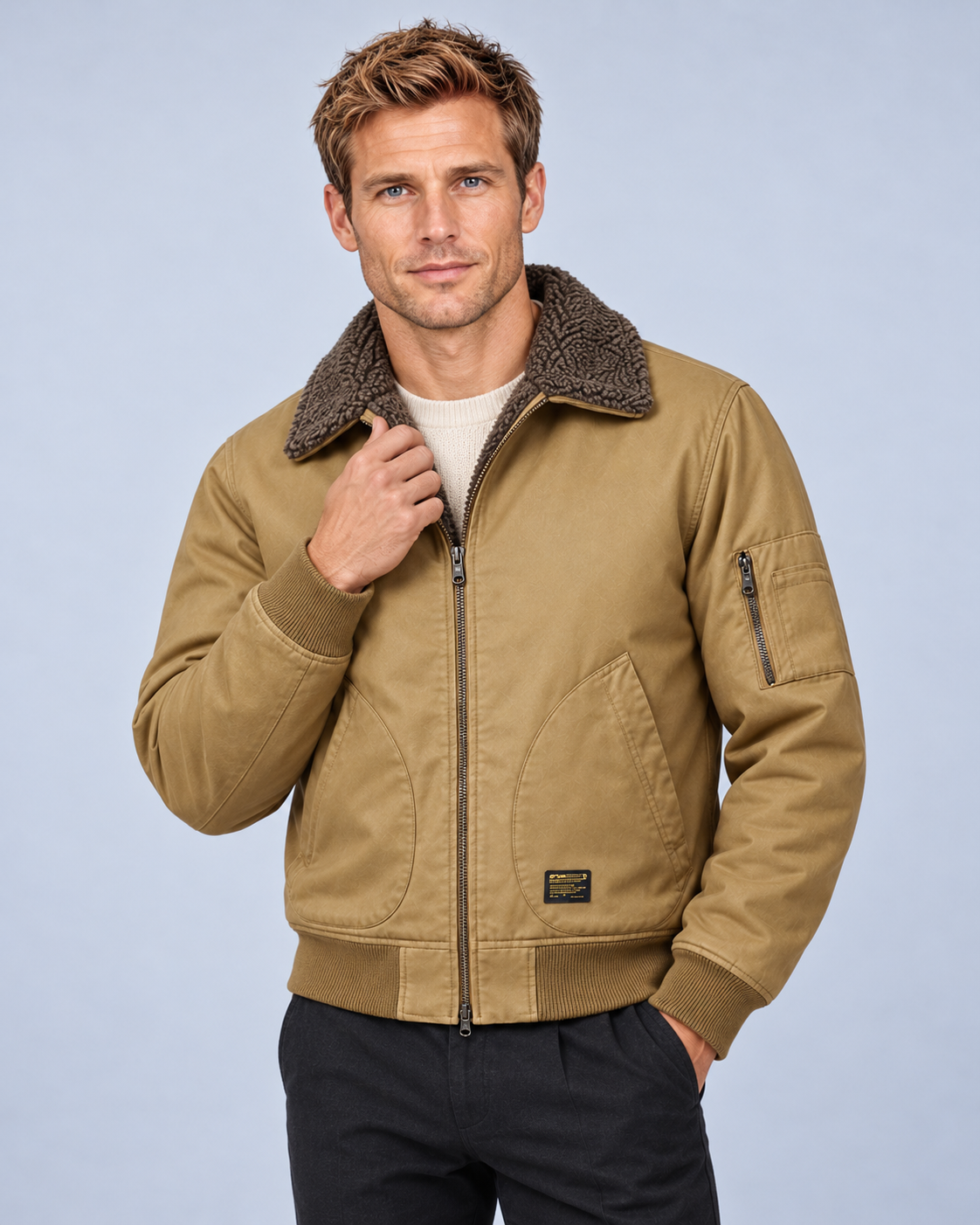 Ellis & Rowe sherpa-lined jacket, Khaki, front studio photograph