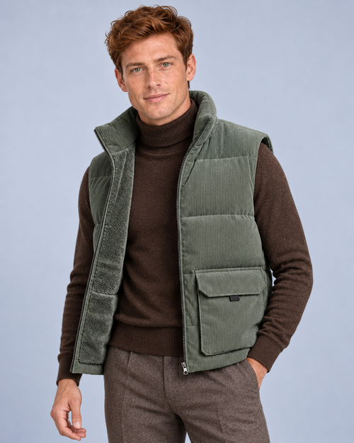 Ellis & Rowe corduroy padded vest, Army Green, front studio photograph