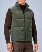 Ellis & Rowe corduroy padded vest, Army Green, closed-torso-detail studio photograph