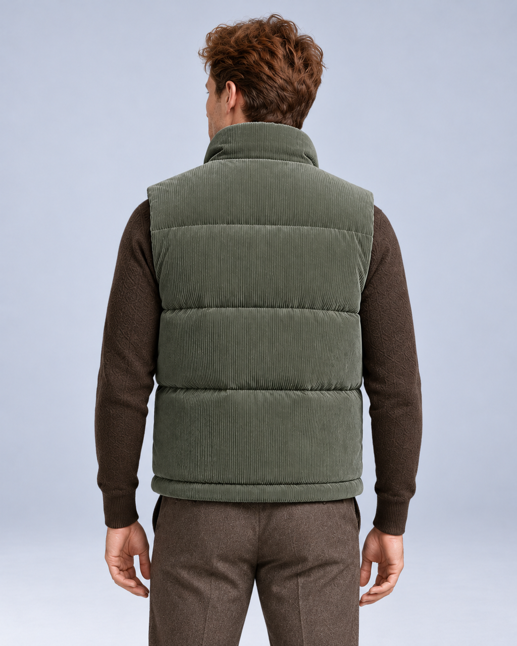 Ellis & Rowe corduroy padded vest, Army Green, back studio photograph