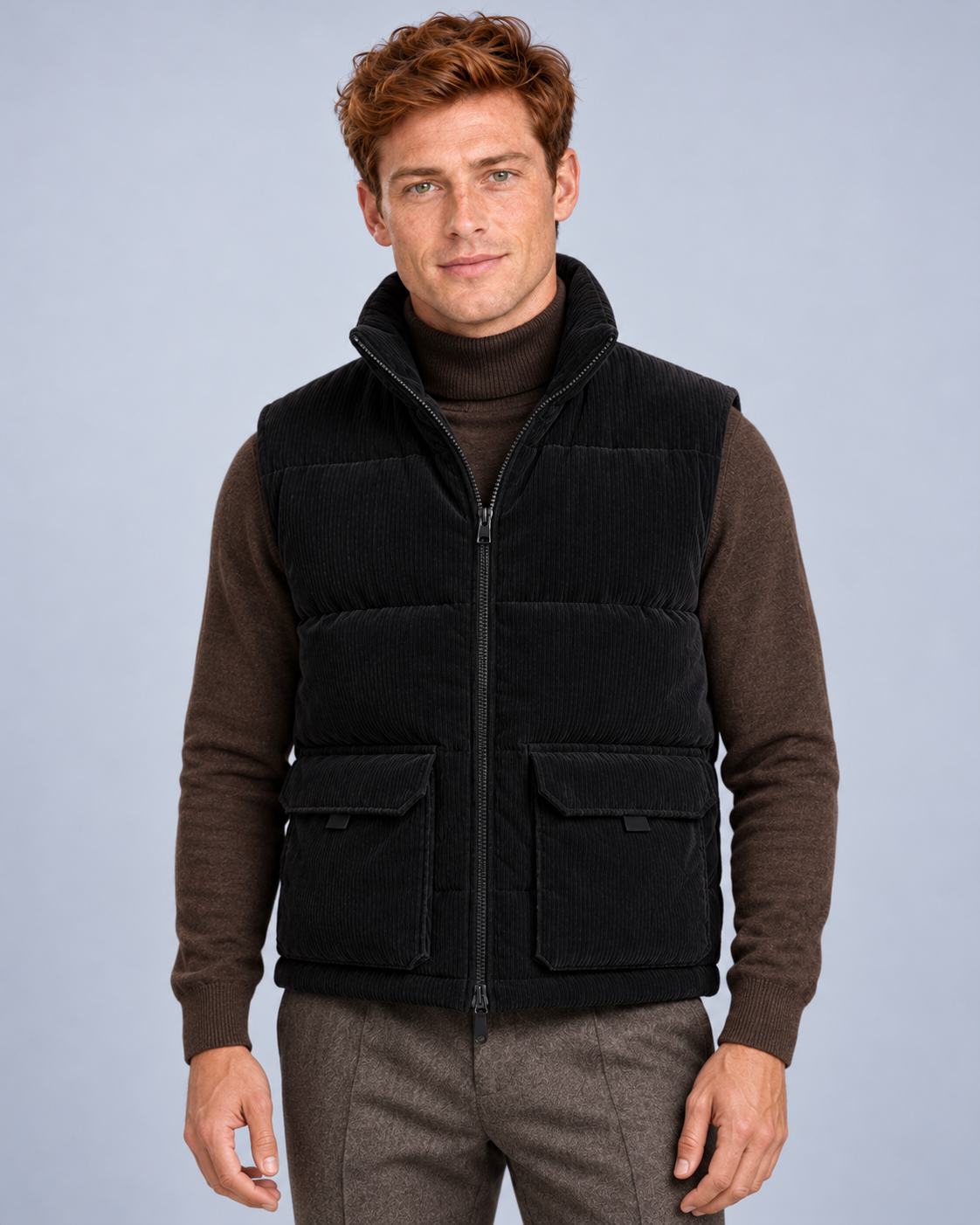 Ellis & Rowe corduroy padded vest, Black, front studio photograph