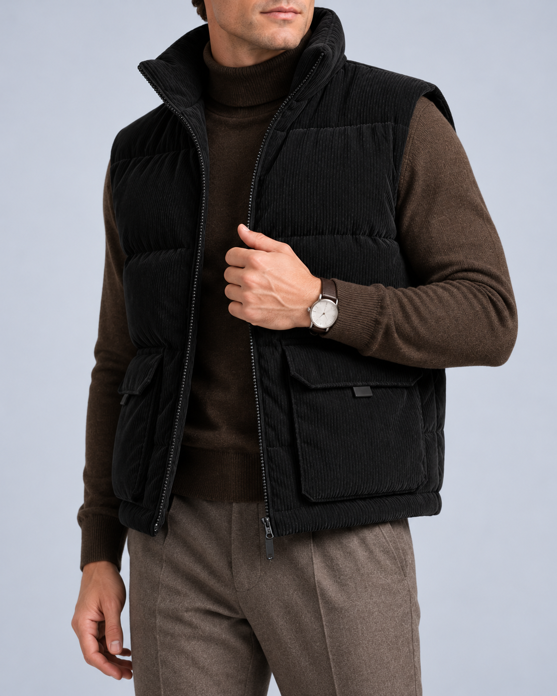 Ellis & Rowe corduroy padded vest, Black, open-torso-detail studio photograph