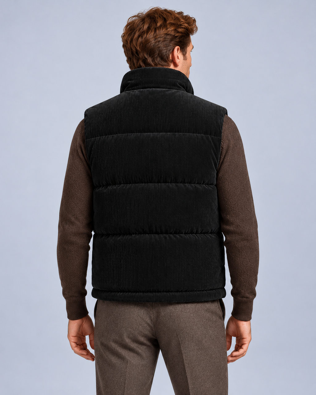 Ellis & Rowe corduroy padded vest, Black, back studio photograph