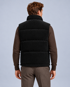 Ellis & Rowe corduroy padded vest, Black, back studio photograph