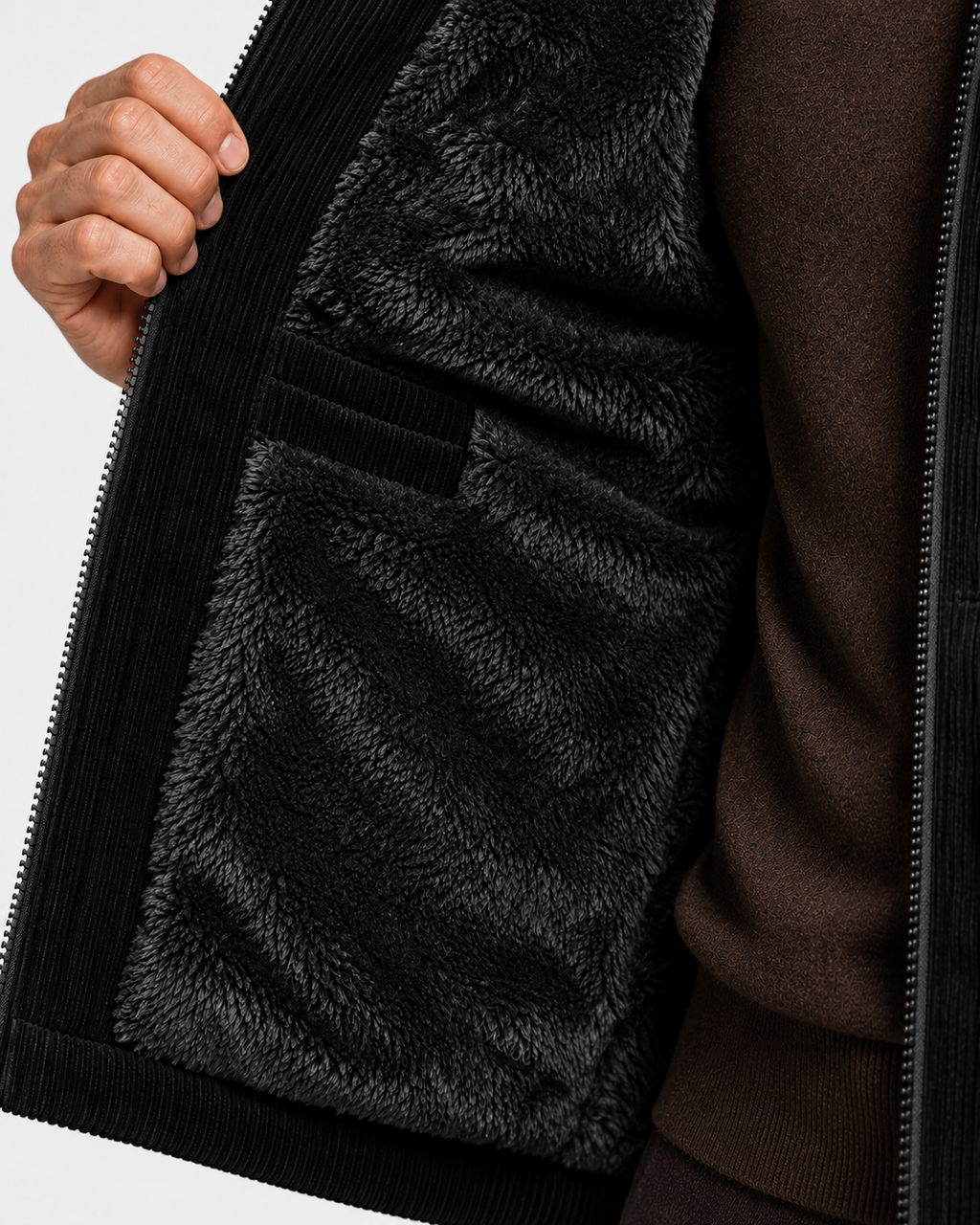 Ellis & Rowe corduroy padded vest, Black, lining-detail studio photograph