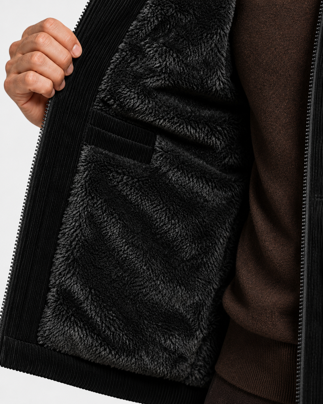 Ellis & Rowe corduroy padded vest, Black, lining-detail studio photograph