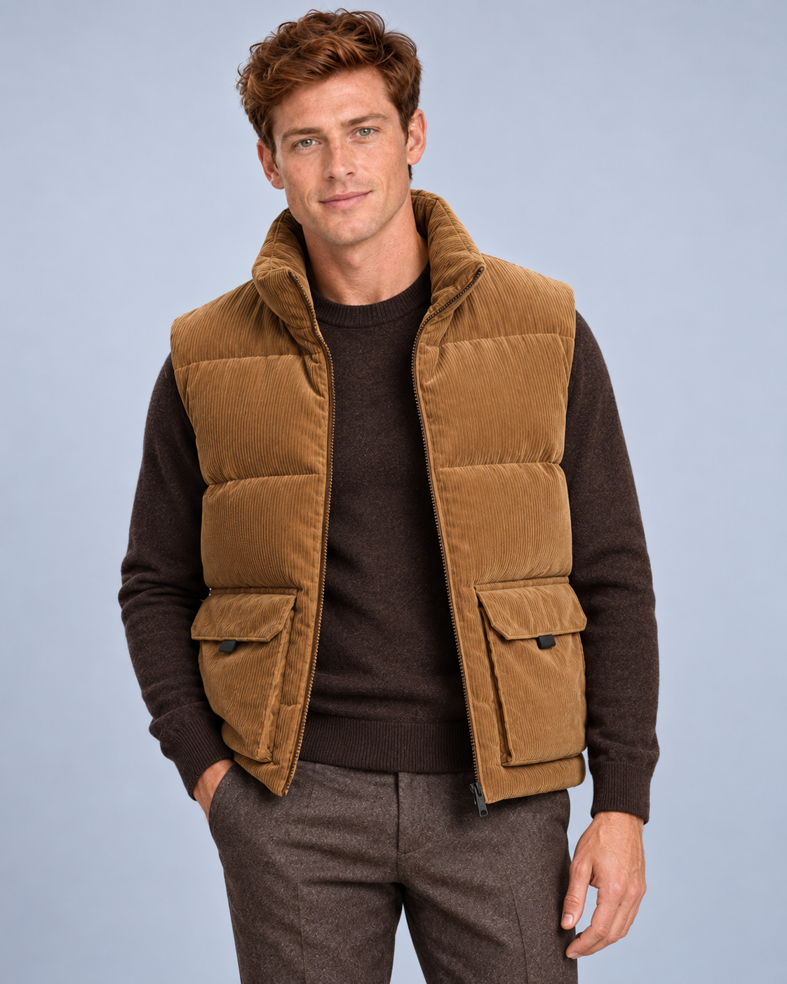 Ellis & Rowe corduroy padded vest, Khaki, front studio photograph