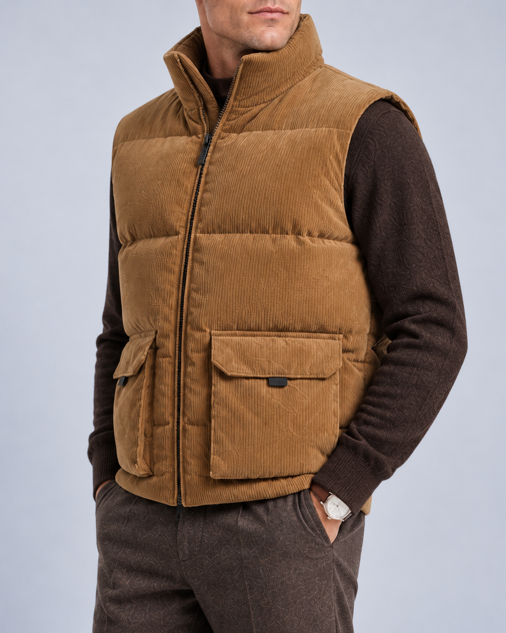 Ellis & Rowe corduroy padded vest, Khaki, closed-torso-detail studio photograph