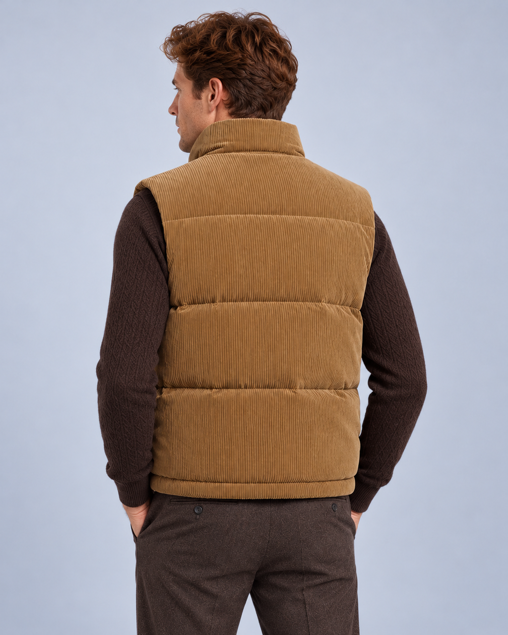 Ellis & Rowe corduroy padded vest, Khaki, back studio photograph