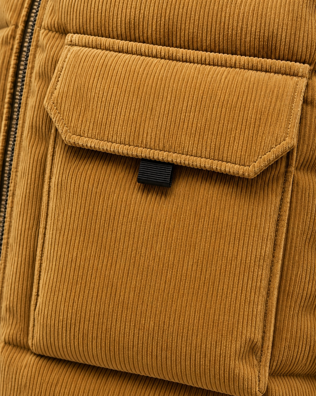 Ellis & Rowe corduroy padded vest, Khaki, pocket-macro studio photograph