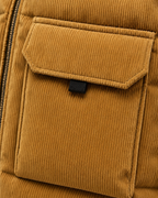 Ellis & Rowe corduroy padded vest, Khaki, pocket-macro studio photograph