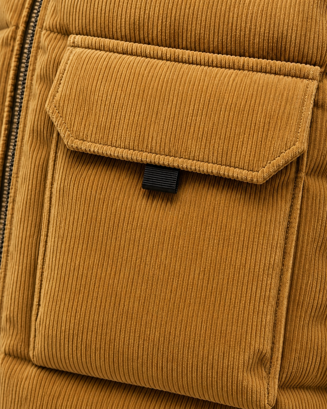 Ellis & Rowe corduroy padded vest, Khaki, pocket-macro studio photograph