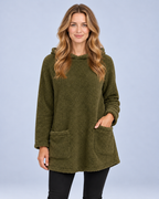 Ellis & Rowe women's plush hooded tunic, Army Green, front studio view