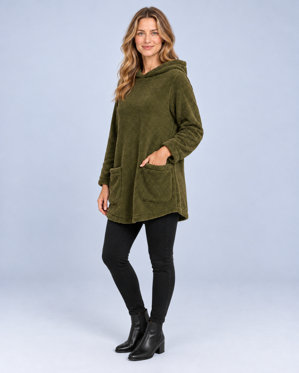 Ellis & Rowe women's plush hooded tunic, Army Green, angled studio view