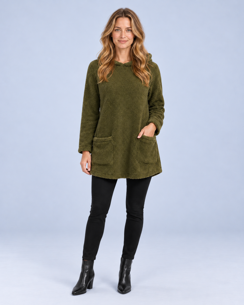 Ellis & Rowe women's plush hooded tunic, Army Green, full length studio view
