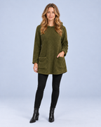 Ellis & Rowe women's plush hooded tunic, Army Green, full length studio view