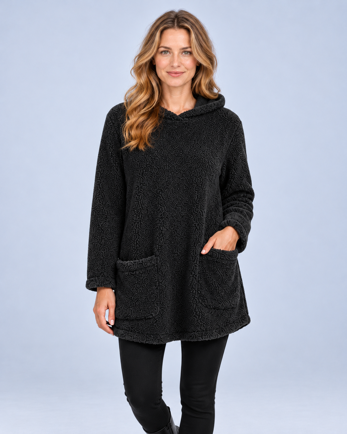 Ellis & Rowe women's plush hooded tunic, Black, front studio view
