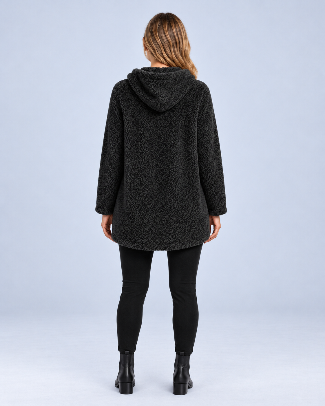 Ellis & Rowe women's plush hooded tunic, Black, back studio view