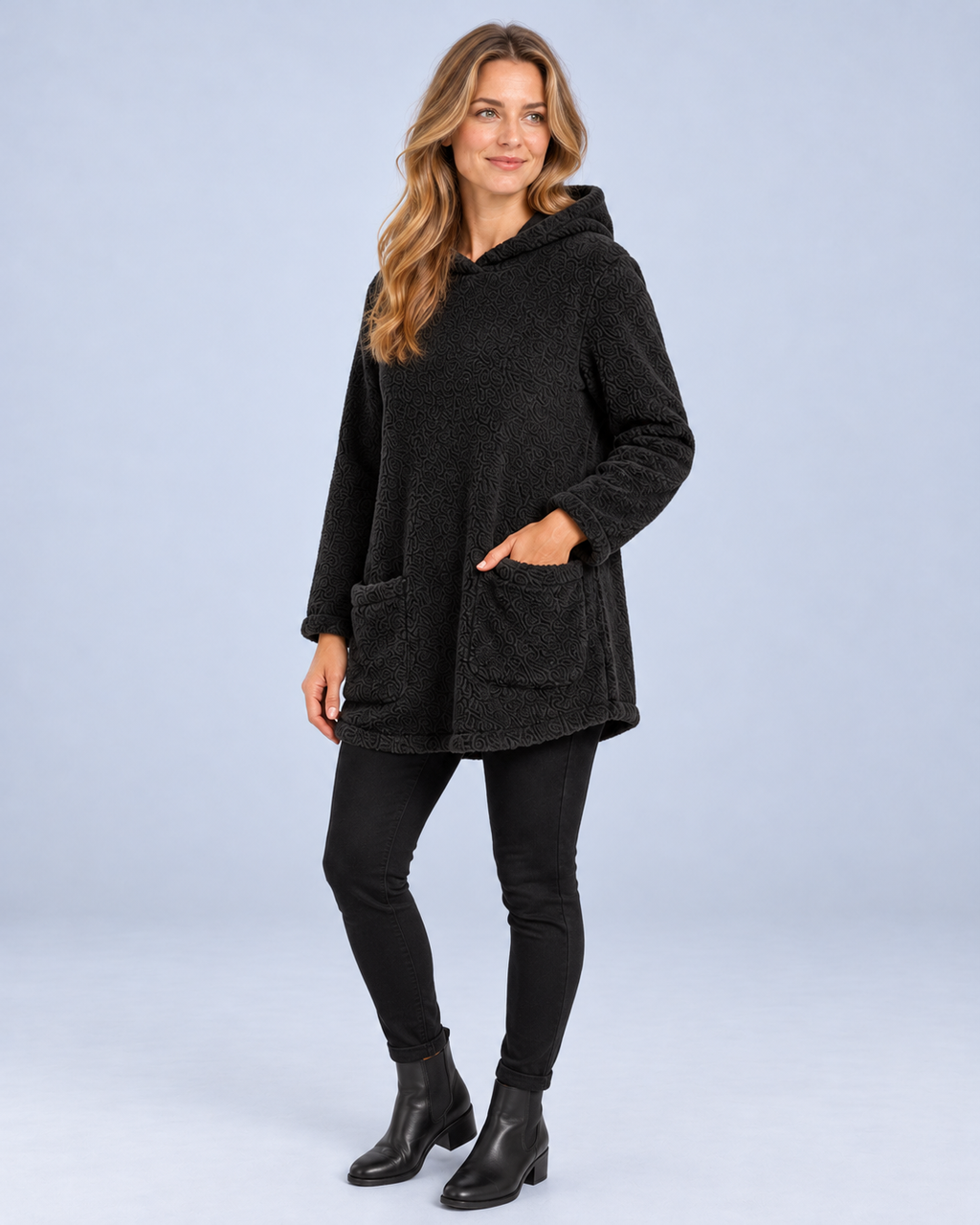 Ellis & Rowe women's plush hooded tunic, Black, angled studio view