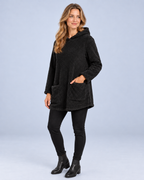 Ellis & Rowe women's plush hooded tunic, Black, angled studio view