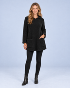 Ellis & Rowe women's plush hooded tunic, Black, full length studio view