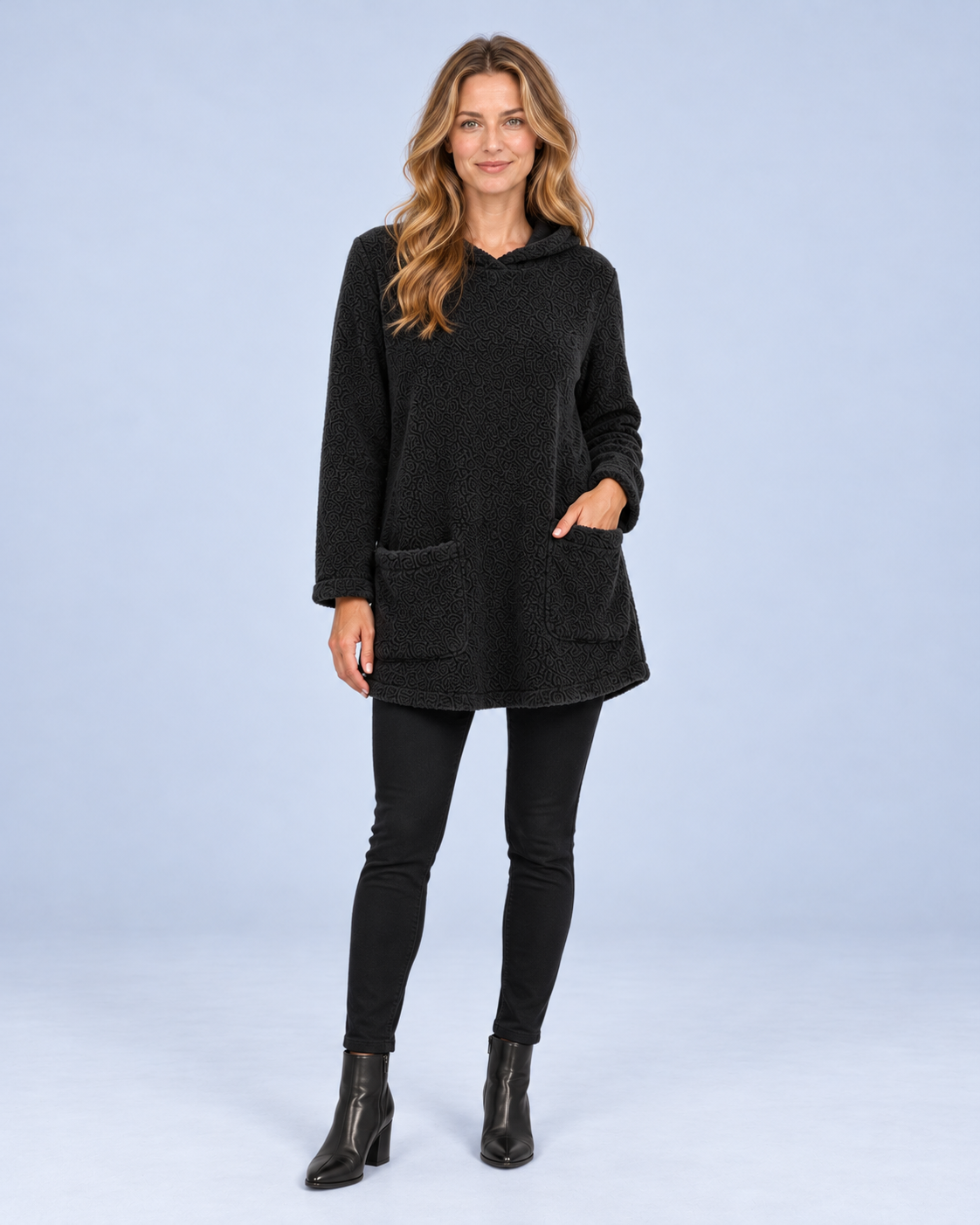 Ellis & Rowe women's plush hooded tunic, Black, full length studio view