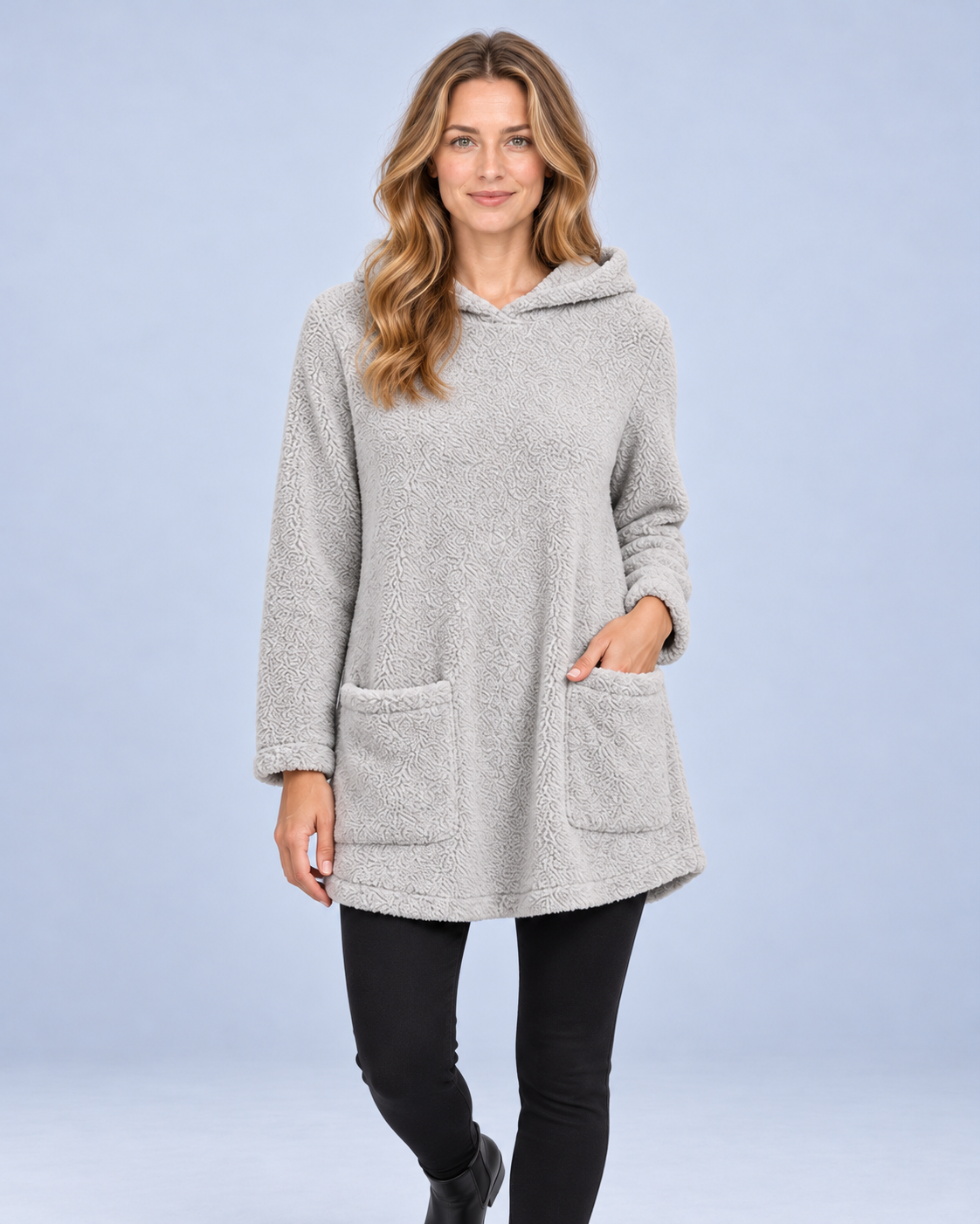 Ellis & Rowe women's plush hooded tunic, Grey, front studio view