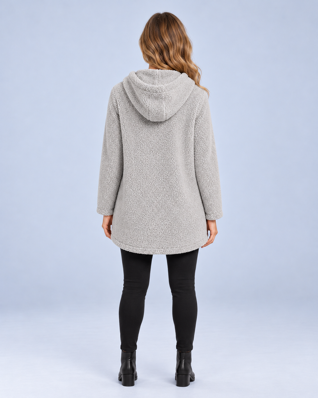 Ellis & Rowe women's plush hooded tunic, Grey, back studio view