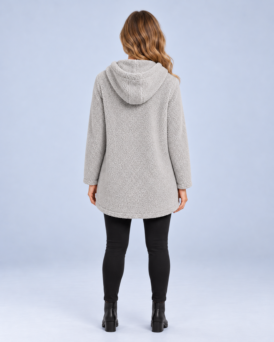 Ellis & Rowe women's plush hooded tunic, Grey, back studio view