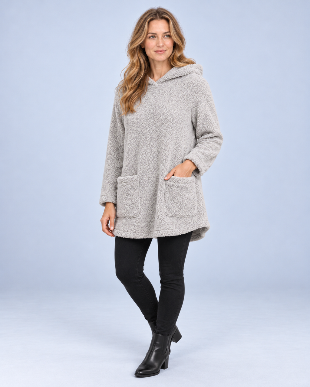 Ellis & Rowe women's plush hooded tunic, Grey, angled studio view