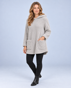Ellis & Rowe women's plush hooded tunic, Grey, angled studio view