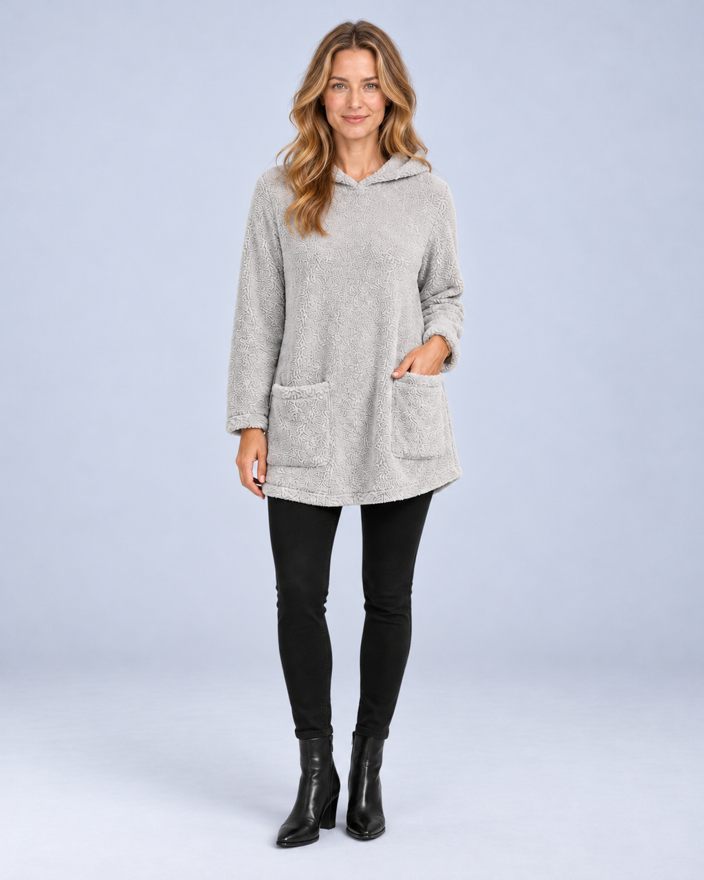 Ellis & Rowe women's plush hooded tunic, Grey, full length studio view