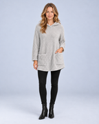 Ellis & Rowe women's plush hooded tunic, Grey, full length studio view