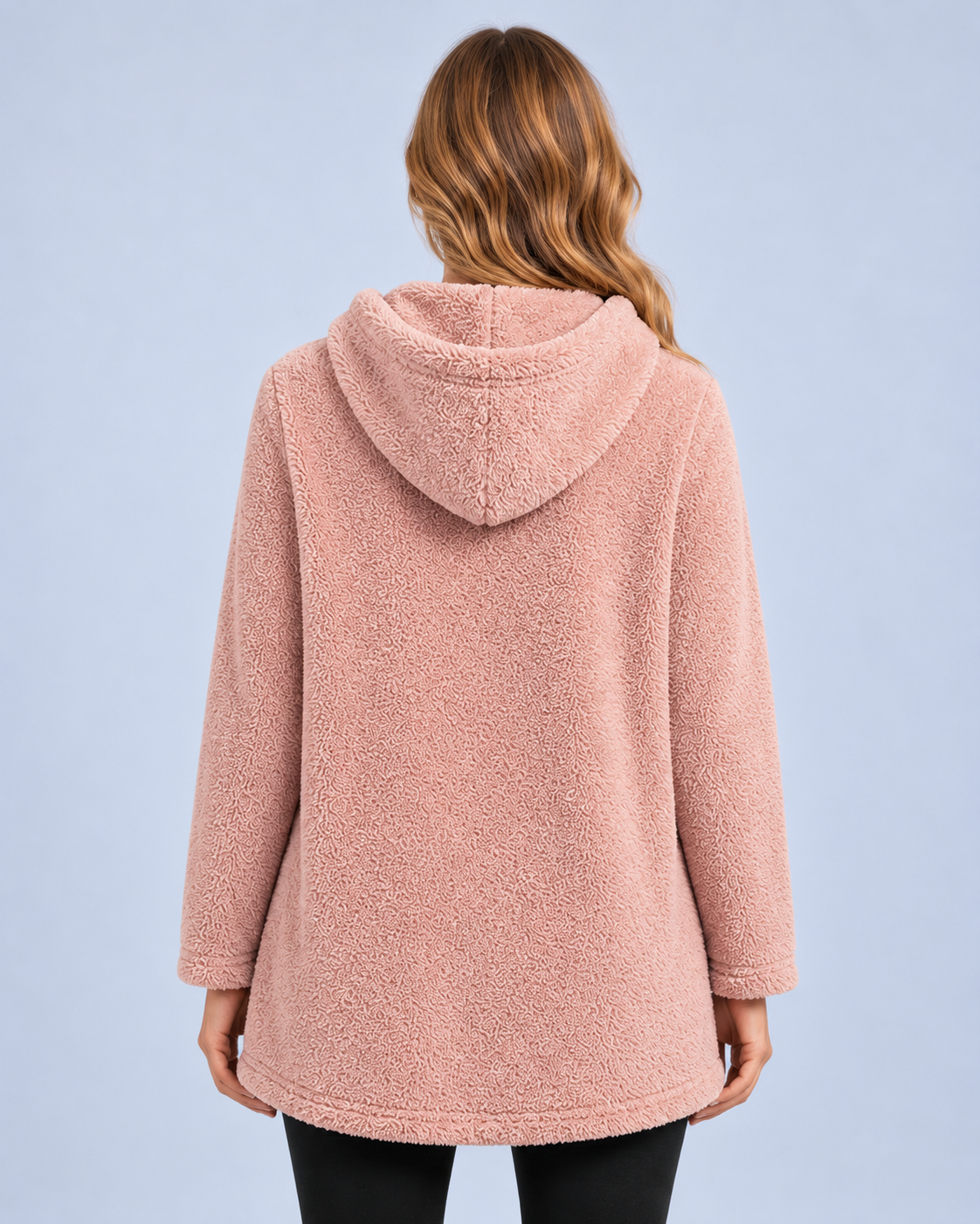 Ellis & Rowe women's plush hooded tunic, Pink, back studio view