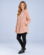 Ellis & Rowe women's plush hooded tunic, Pink, angled studio view