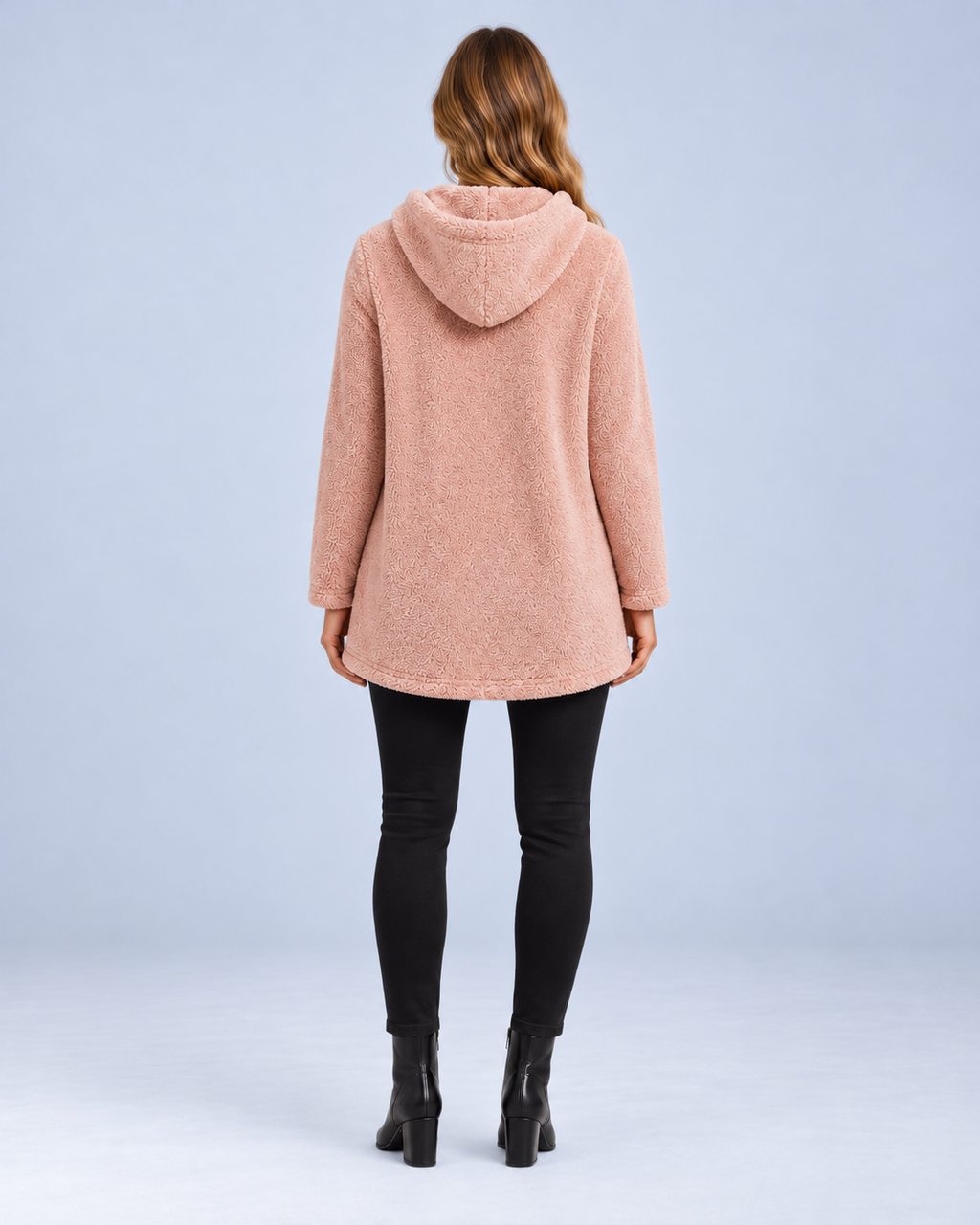 Ellis & Rowe women's plush hooded tunic, Pink, full length back studio view