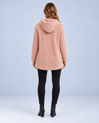 Ellis & Rowe women's plush hooded tunic, Pink, full length back studio view