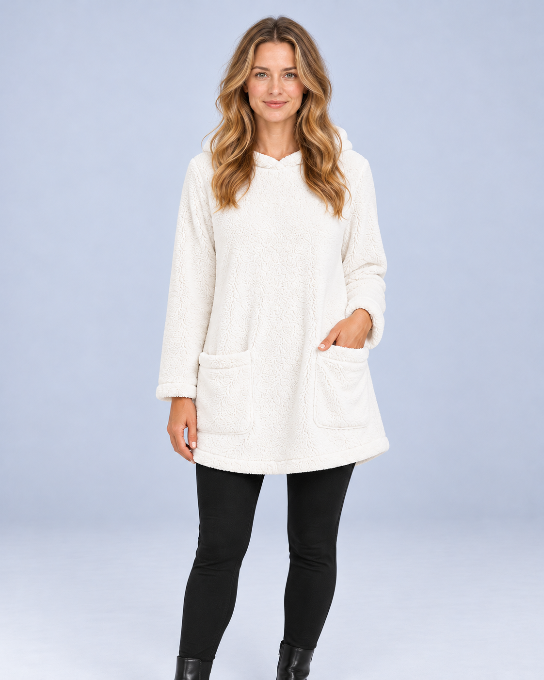 Ellis & Rowe women's plush hooded tunic, White, front studio view