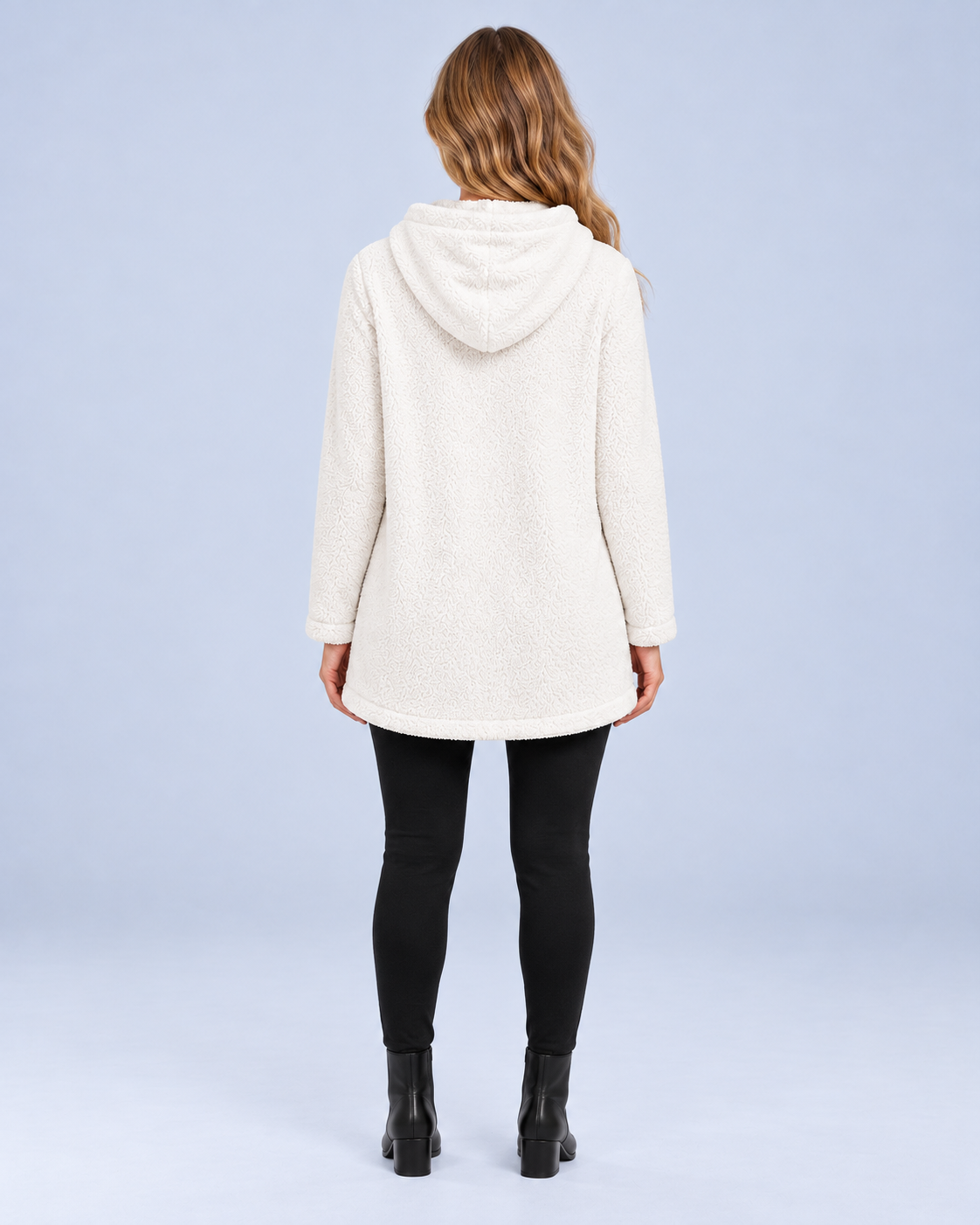 Ellis & Rowe women's plush hooded tunic, White, back studio view