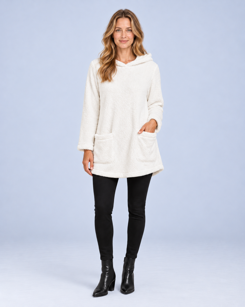 Ellis & Rowe women's plush hooded tunic, White, full length studio view