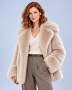 Ellis & Rowe women's plush coat, Khaki, open-front studio view