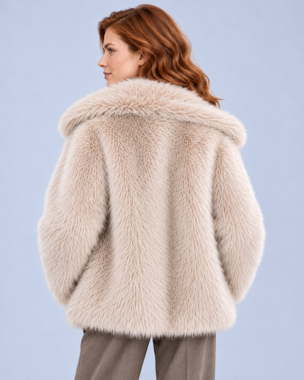 Ellis & Rowe women's plush coat, Khaki, back studio view