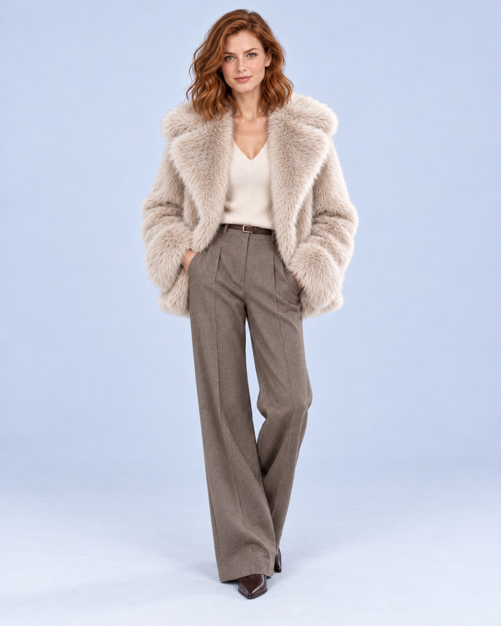 Ellis & Rowe women's plush coat, Khaki, full-length studio view