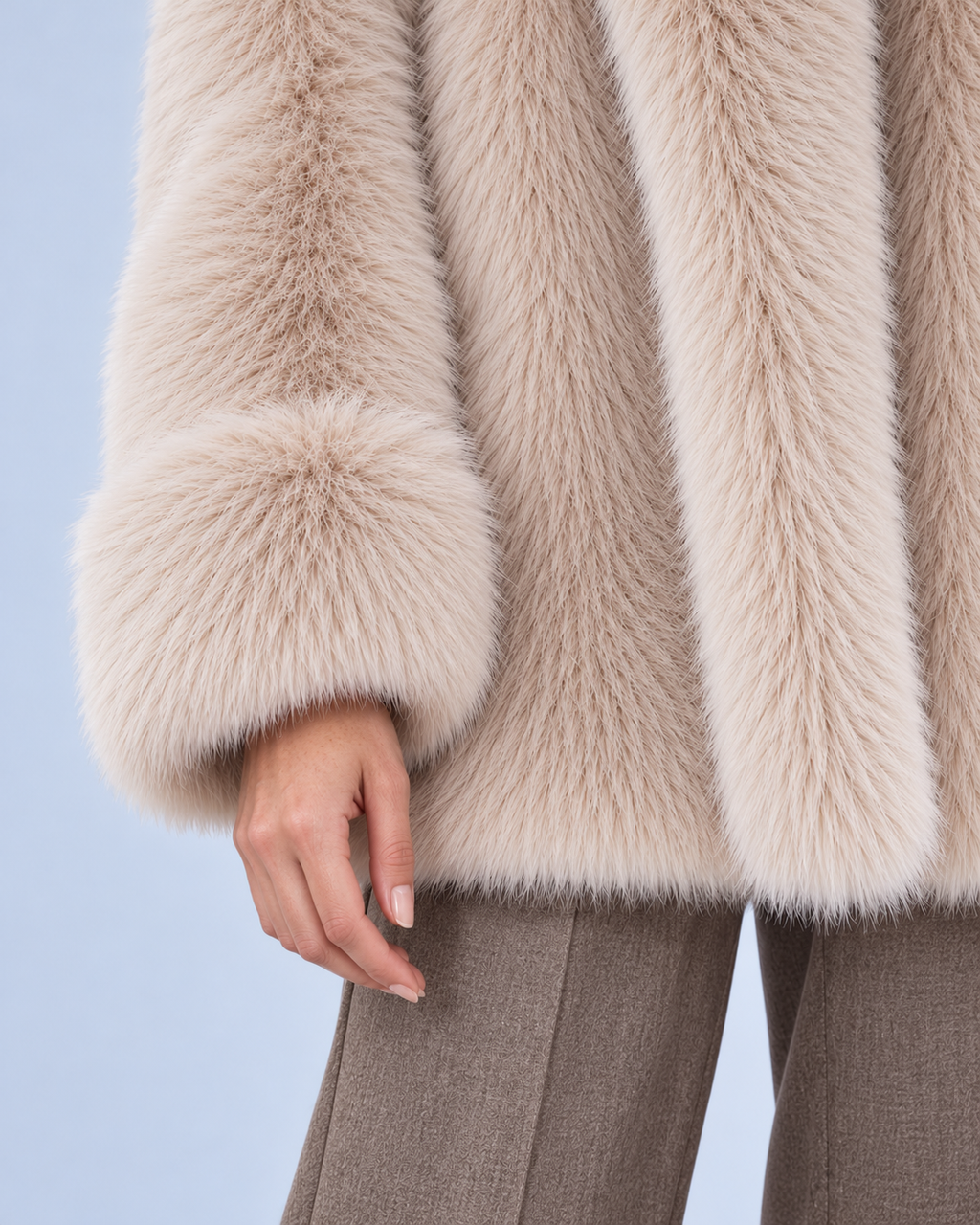 Ellis & Rowe women's plush coat, Khaki, cuff-detail studio view