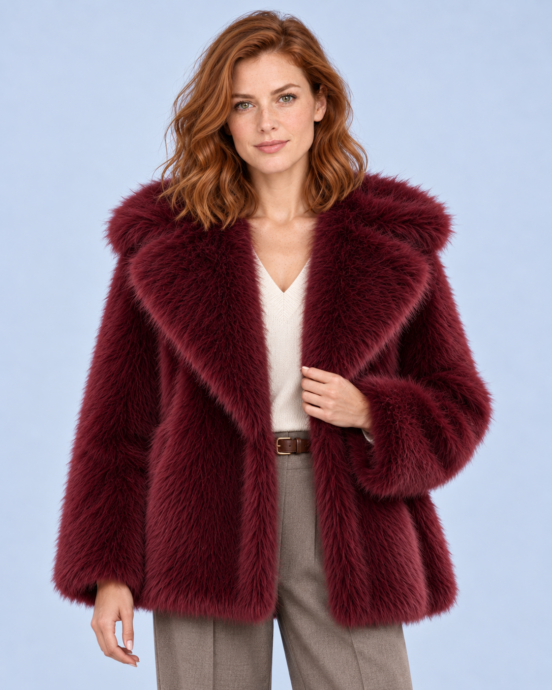 Ellis & Rowe women's plush coat, Burgundy, front studio view