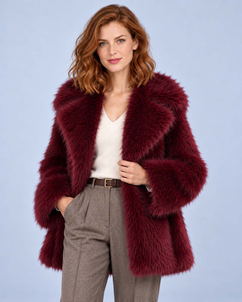 Ellis & Rowe women's plush coat, Burgundy, open-front studio view